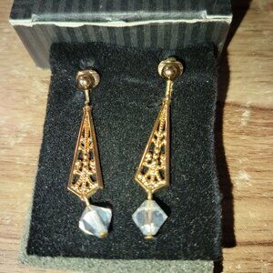 Vintage Avon 1992 - 2.5 Inch Gold Tone Filigree Genuine Crystal Dangle Earring